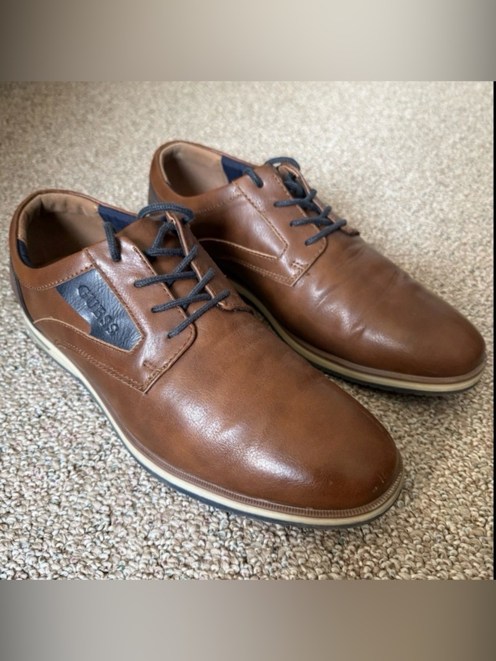 Guess Men’s Tan Brown Leather Lace Up Dress Shoes